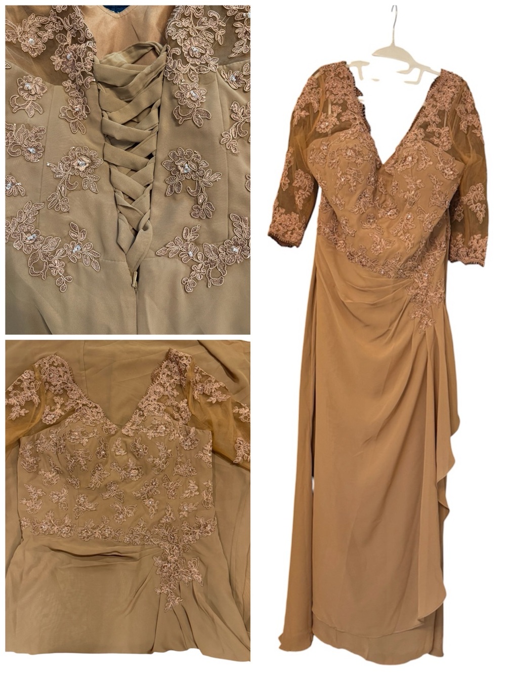 Formal Gown with Lace-Appliqué, Side Ruching and Corset Lacing in Back 16W NWT